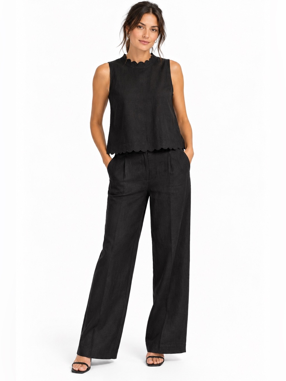 Garnet Hill Black European Linen Scalloped Top & Wide Leg Trouser Pants Set